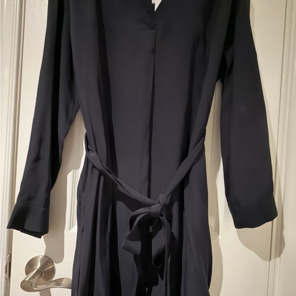 Classic Long-Sleeve Tie-Waist Dress in Navy NWT